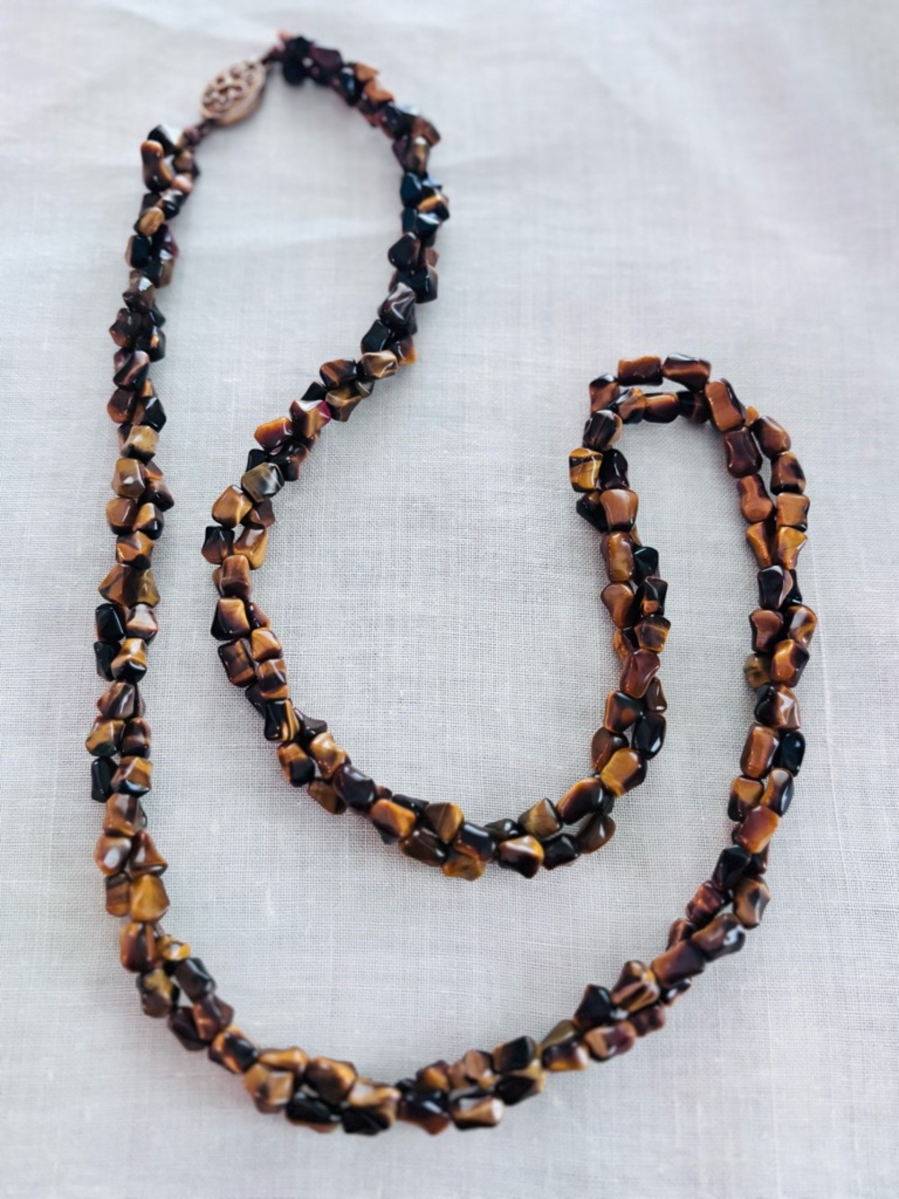 Vintage Tiger’s Eye Necklace 26” Boho Chunky Gemstone Silver Clasp